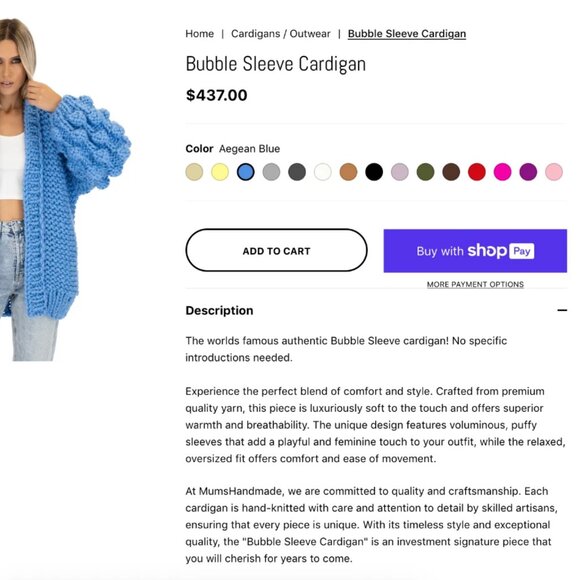 MumsHandmade Bubble Sleeve Cardigan Knit Chunky Blue Wool Popcorn Aran Mum's - Picture 10 of 10